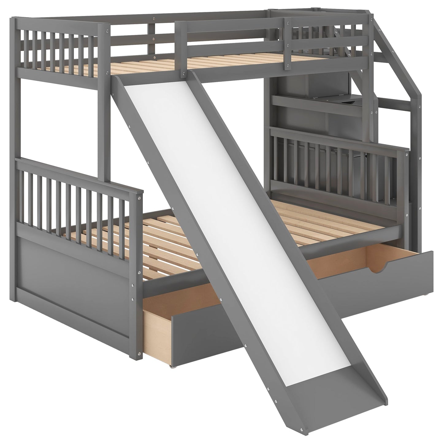 Lit superposé jumeau sur grand lit avec rangement et toboggan - Gris