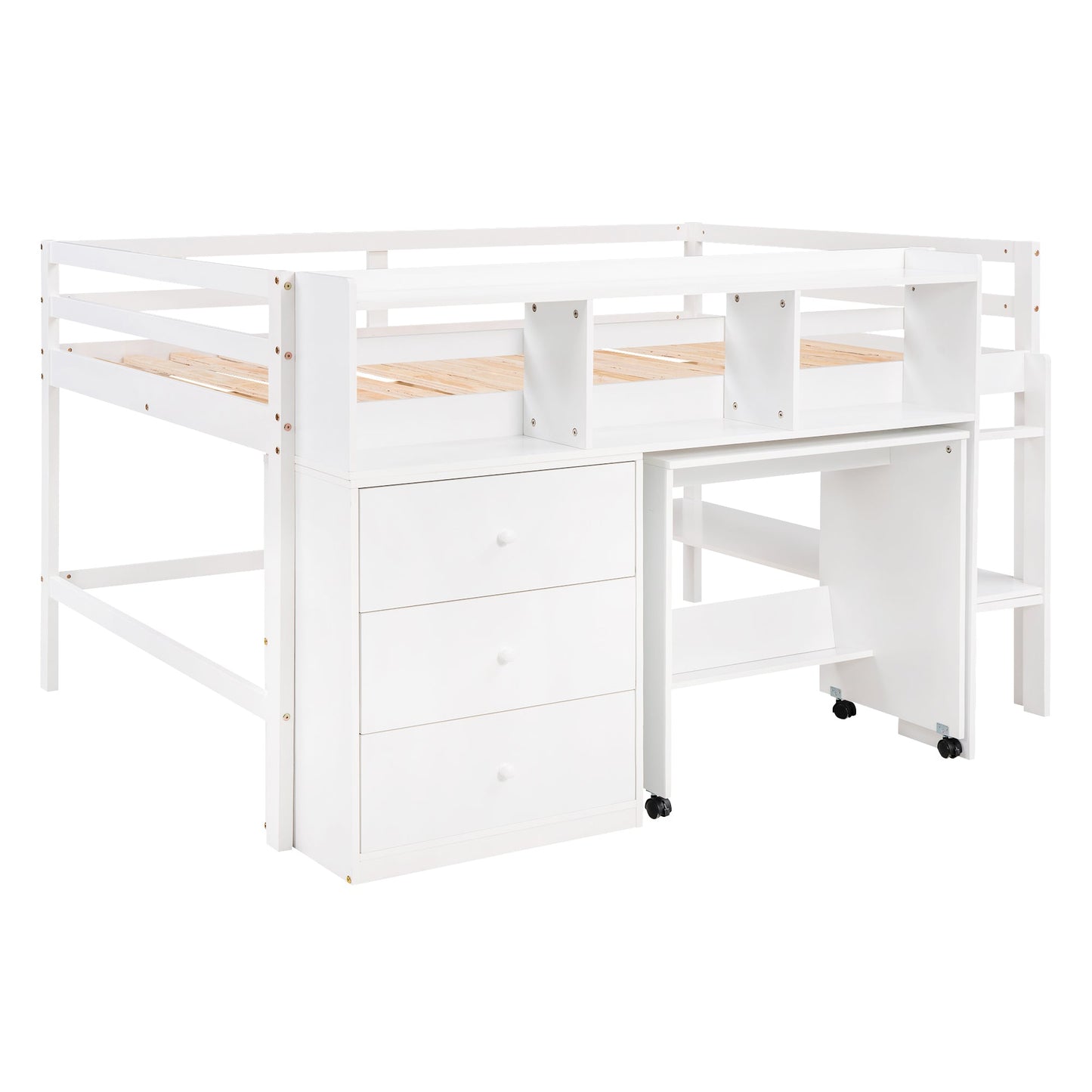 Full Size Low Loft Bed with Rolling Portable Desk, Drawers and Shelves, White - Korvel
