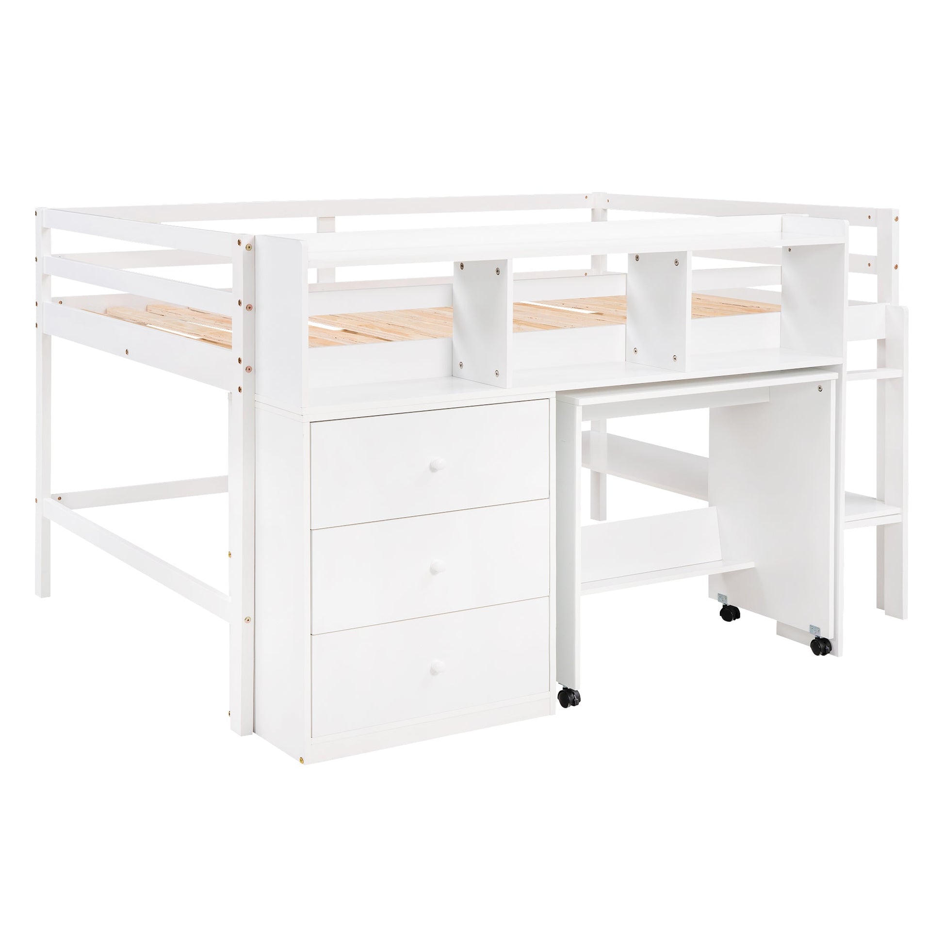 Full Size Low Loft Bed with Rolling Portable Desk, Drawers and Shelves, White - Korvel