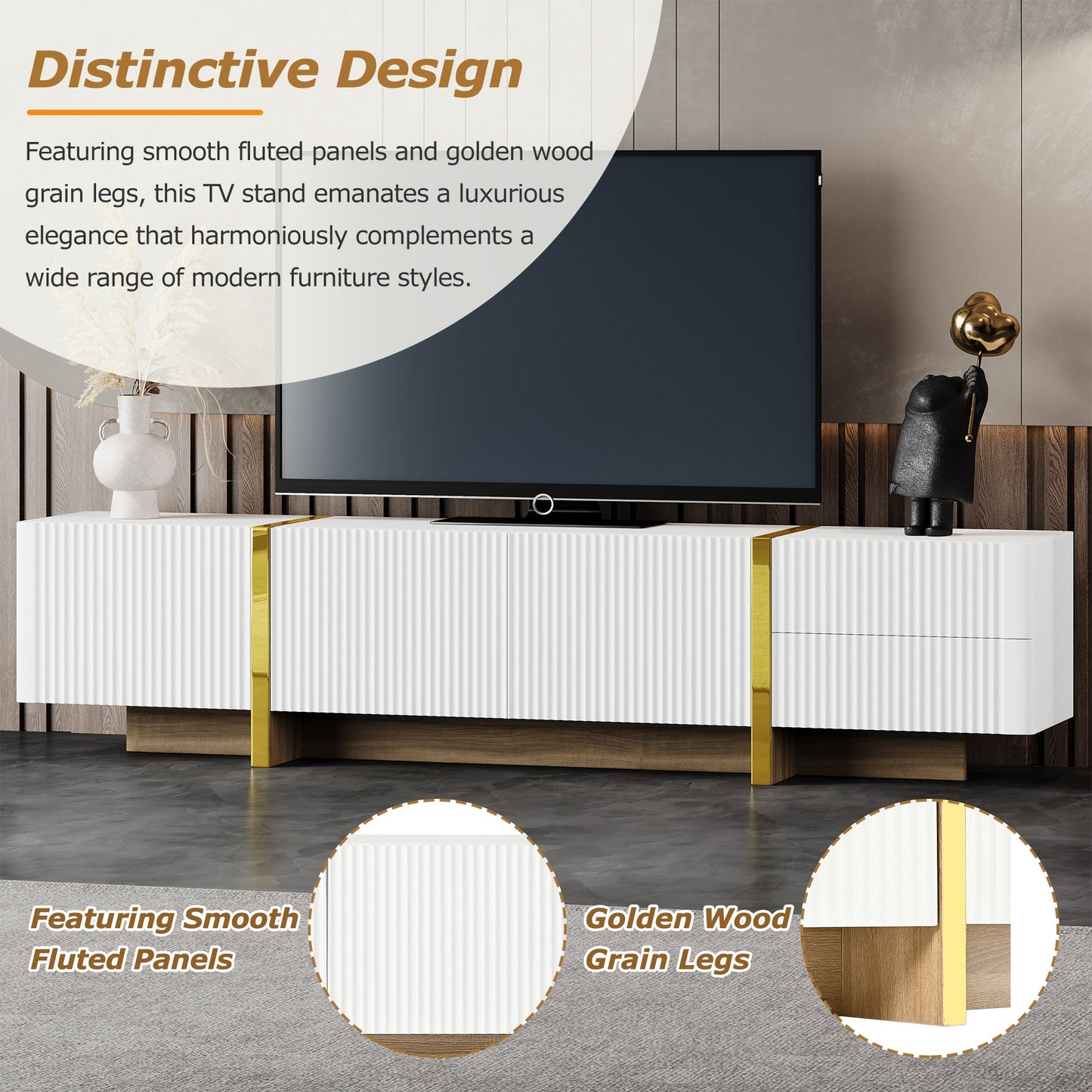Luxury Fluted TV Stand for TVs Up to 80'', Modern Entertainment Center with Storage Cabinets & Drawer White - Korvel