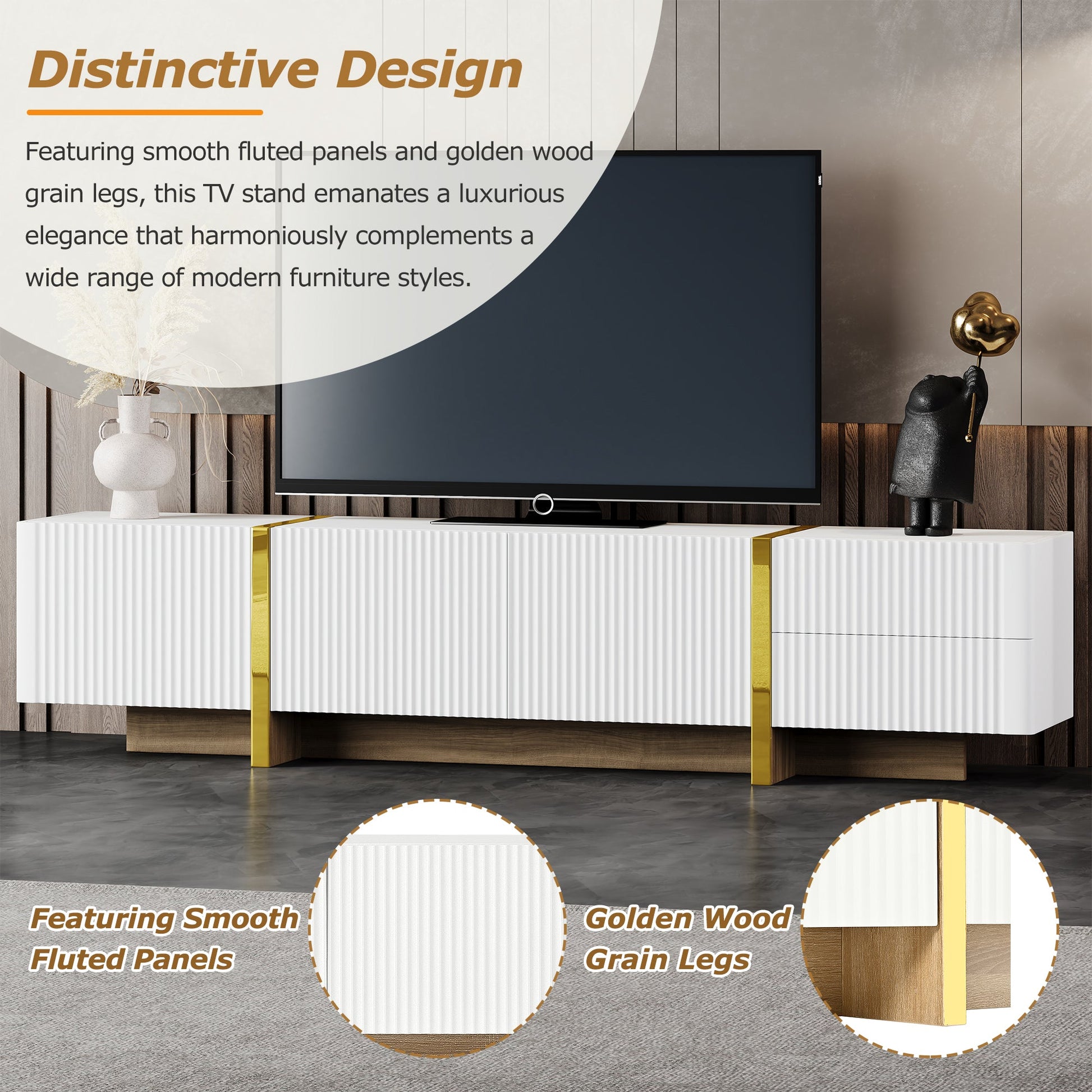 Luxury Fluted TV Stand for TVs Up to 80'', Modern Entertainment Center with Storage Cabinets & Drawer White - Korvel