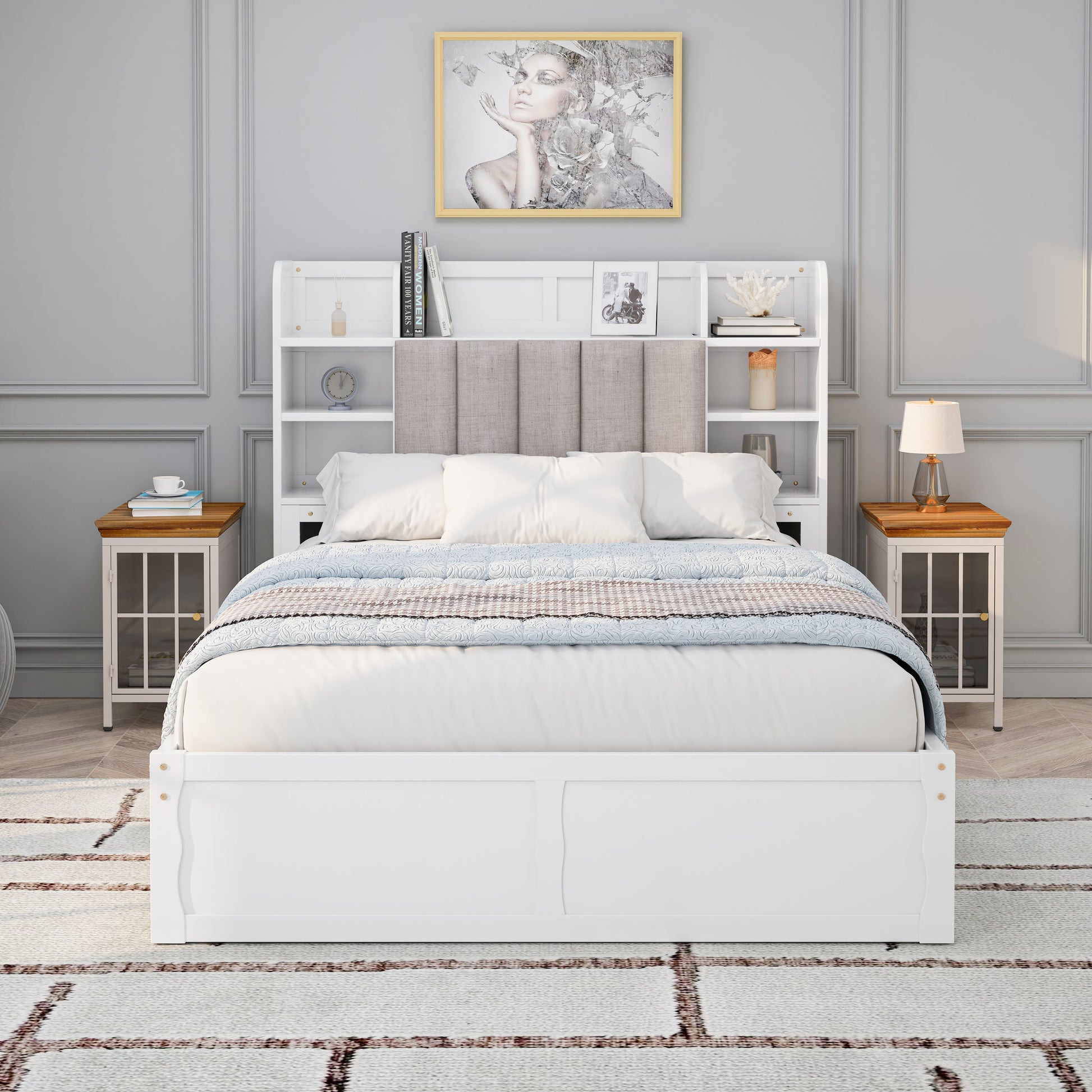 Multi-functional Full Size Bed Frame with 4 Under-bed Portable Storage Drawers and Multi-tier Bedside Storage Shelves White - Korvel