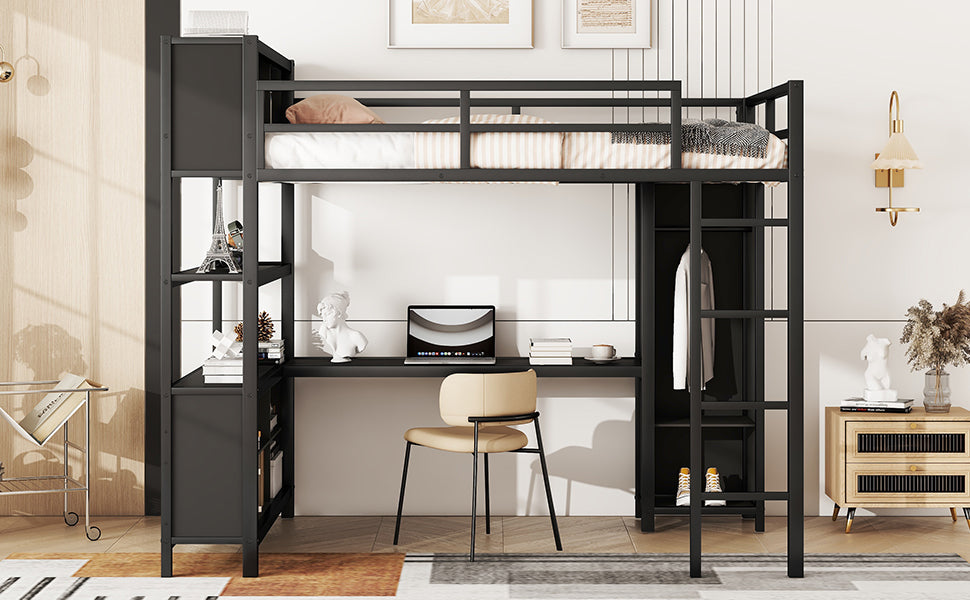 Lit mezzanine en métal premium avec armoire et bureau