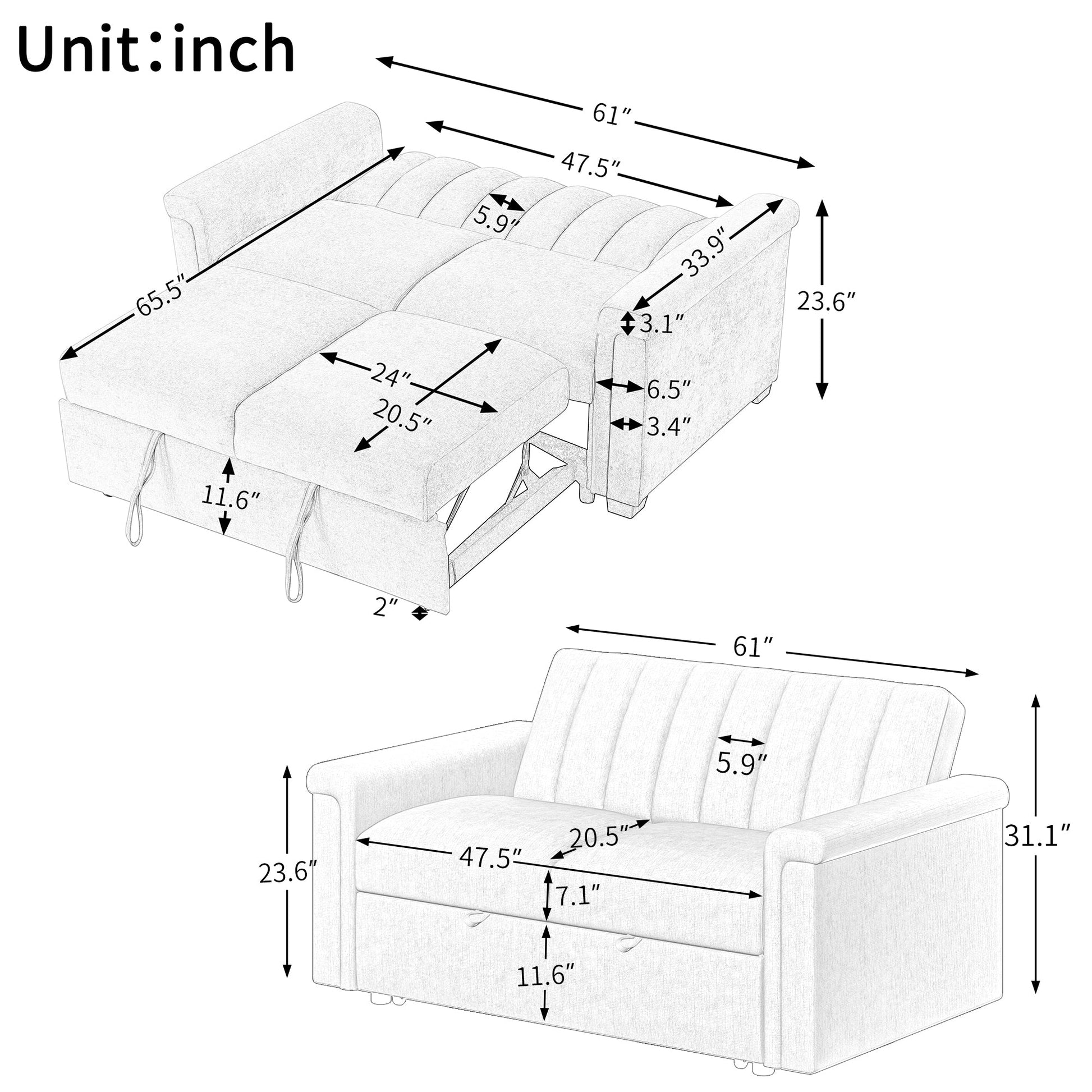 U_STYLE Convertible Soft Cushion Sofa Pull Bed ,for Two People to Sit On - Korvel