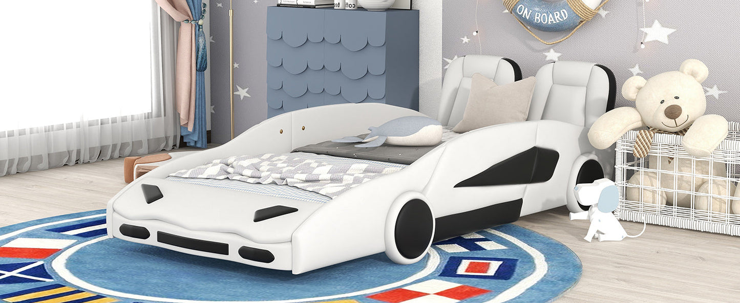 Twin Size Race Car Platform Bed with Wheels - White