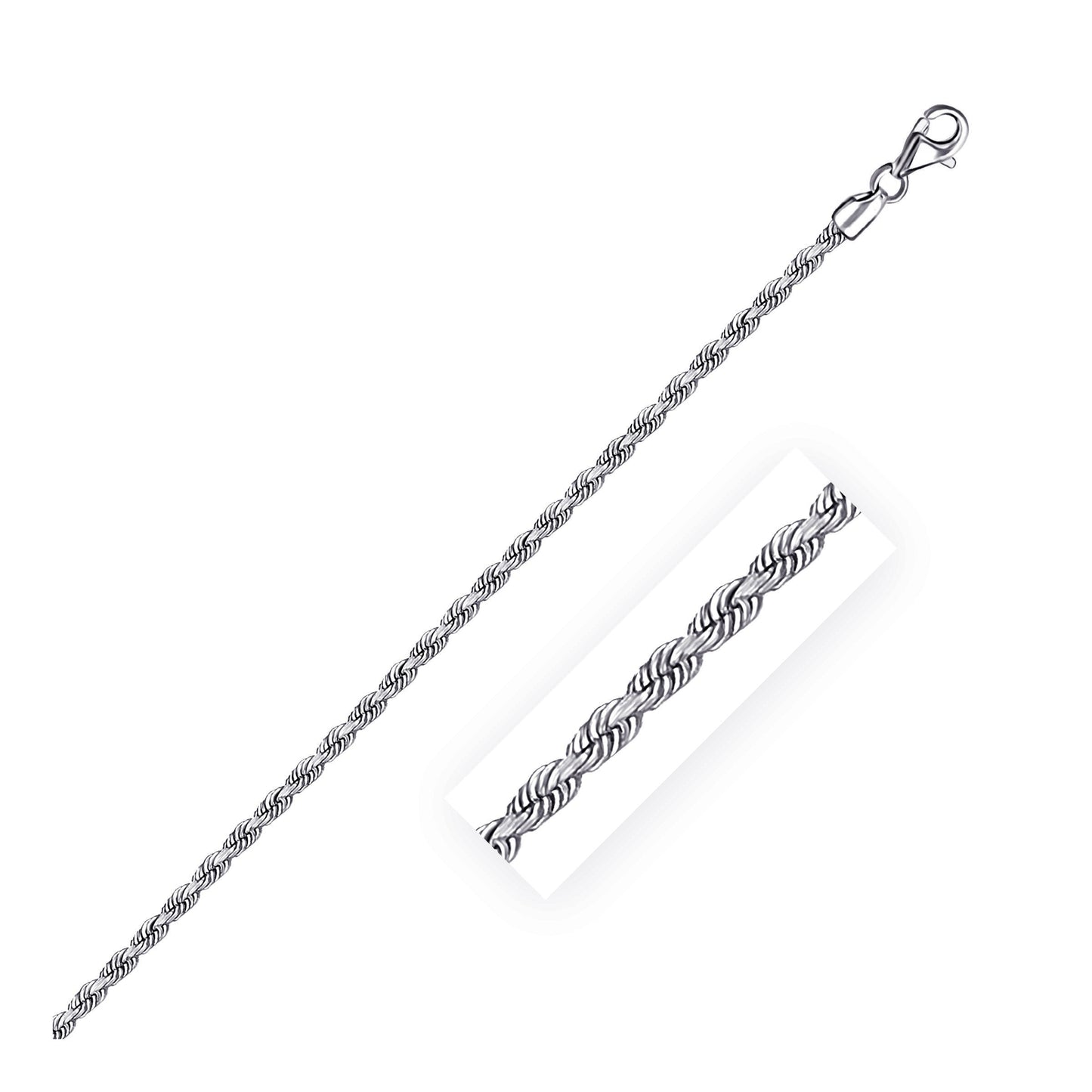 Cadena de cuerda de corte de diamante sólido de 14k y 2.5mm en oro blanco