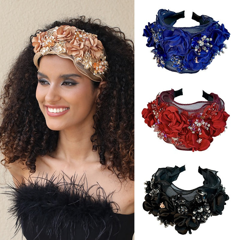 Fabric Flower Heavy Industry Wide Edge Crystal Super Immortal Women's Headband - Korvel