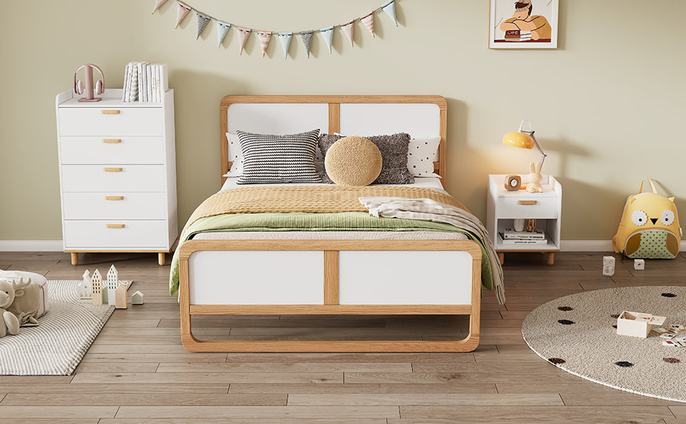 Modern Style Queen Size Solid Wood Platform Bed for Kids, Teens, Adults, No Need Box Spring, Walnut and White - Korvel