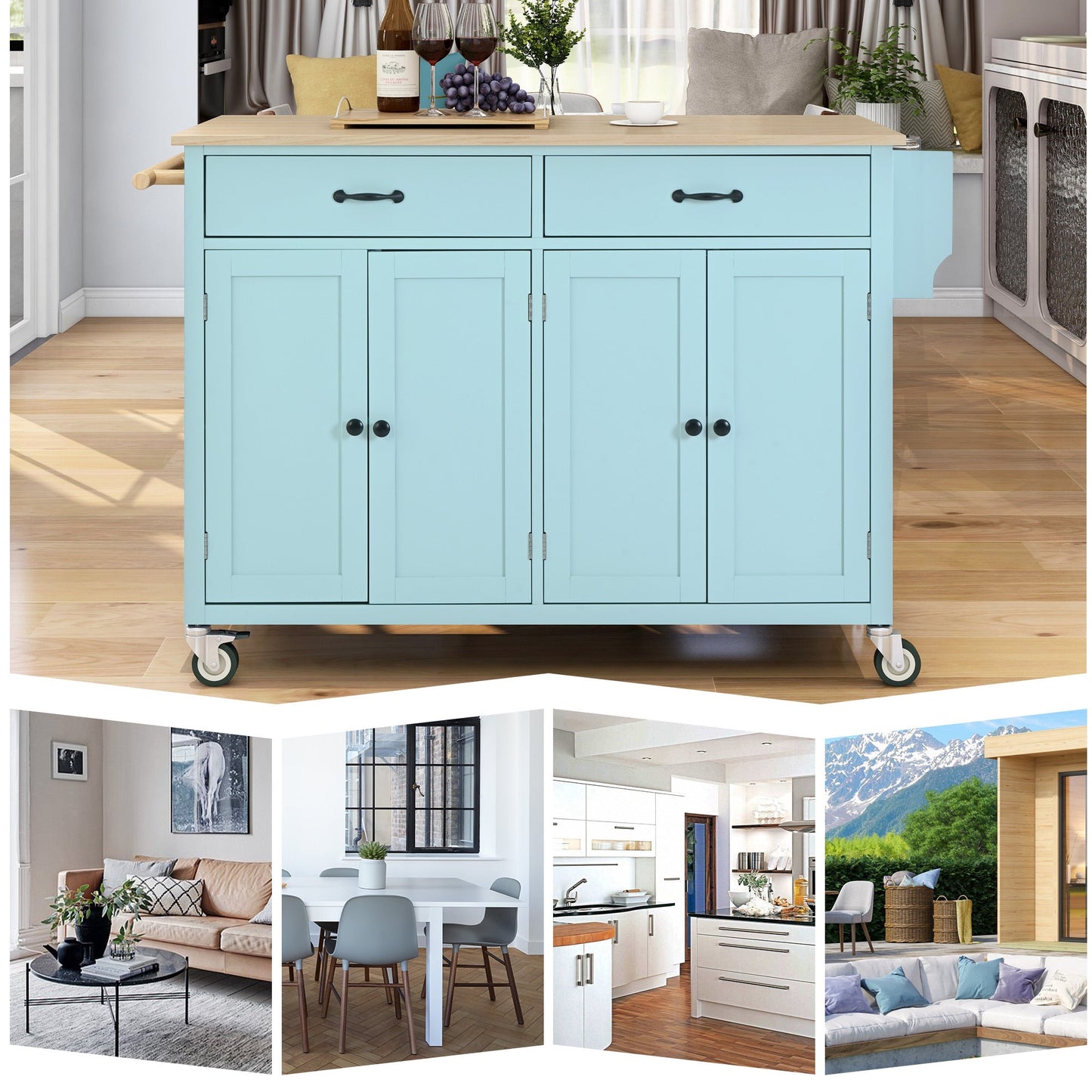Mint Green Kitchen Island Cart with 4 Doors and Drawers