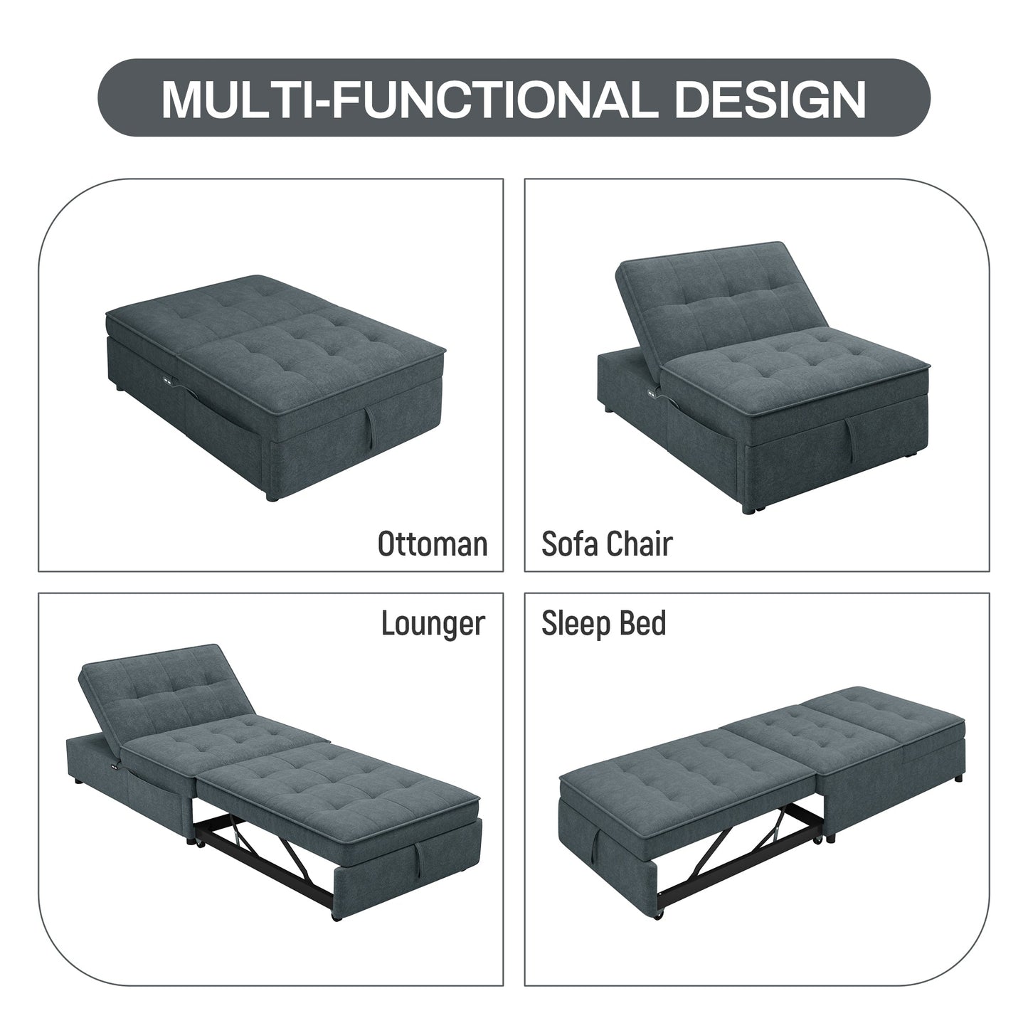 Four in one sofa bed, chair bed, multifunctional folding Ottoman bed with storage bag and USB port, dark blue - Korvel