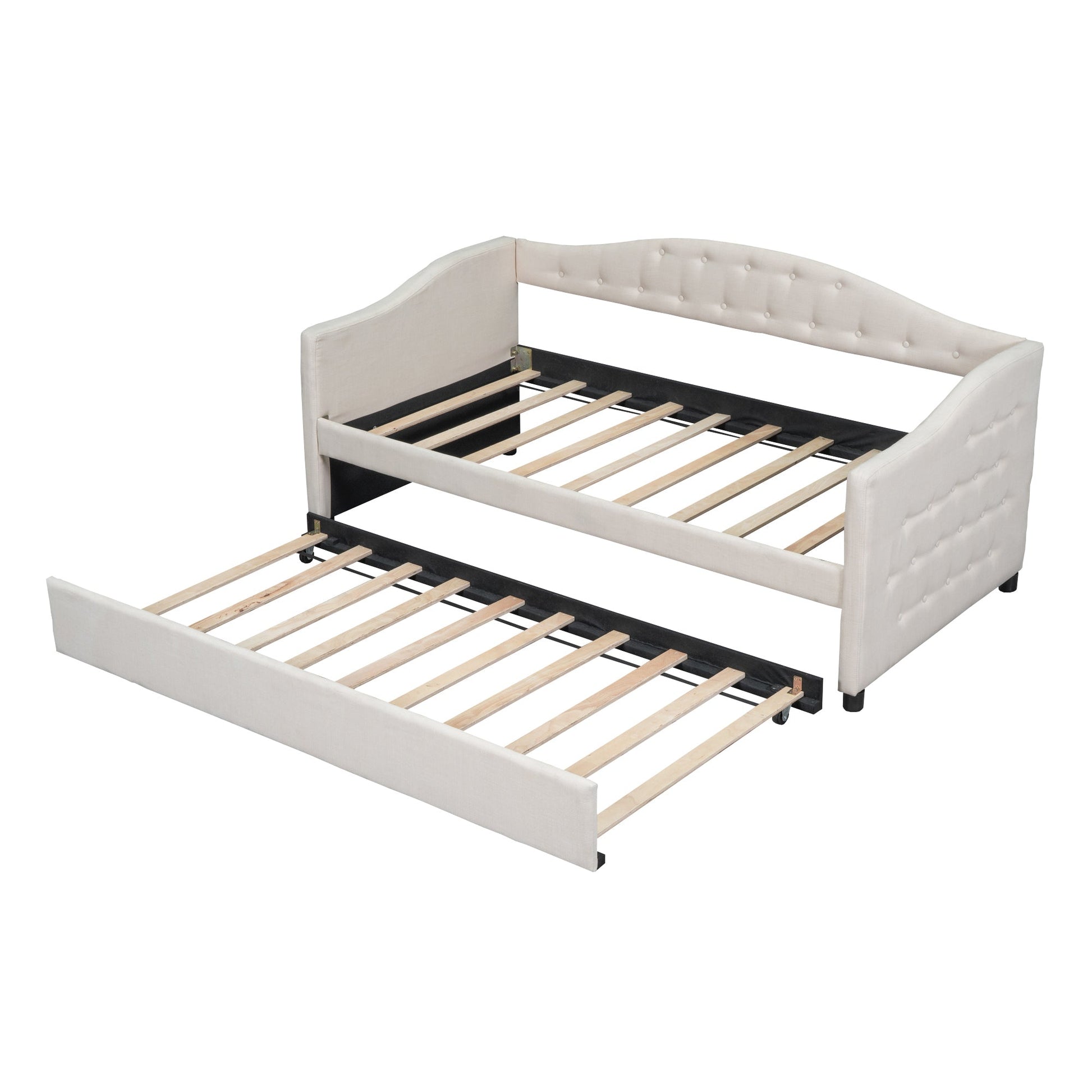 Upholstered Twin Size Daybed with Trundle, Beige - Korvel