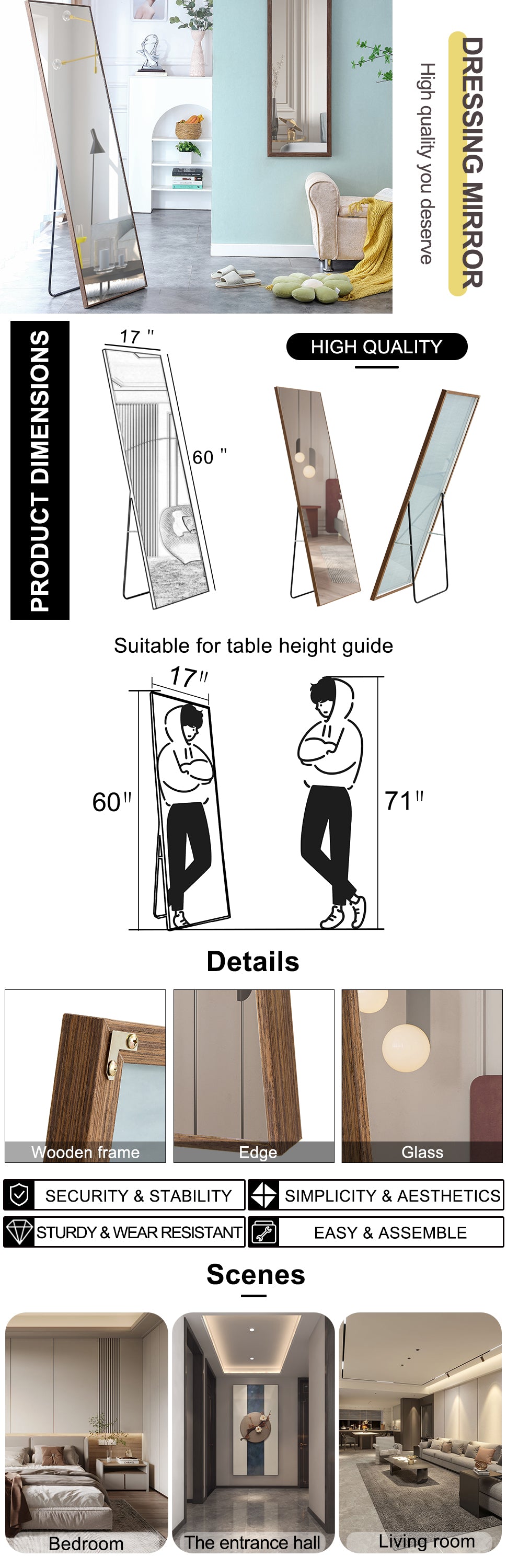 60x17 Brown Solid Wood Frame Full-length Mirror, Dressing Mirror, Bedroom Home Porch - Korvel