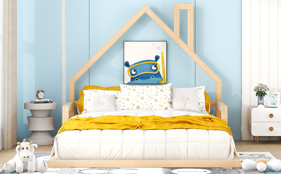 Full Size Wood Floor Bed with House-shaped Headboard  Natural - Korvel