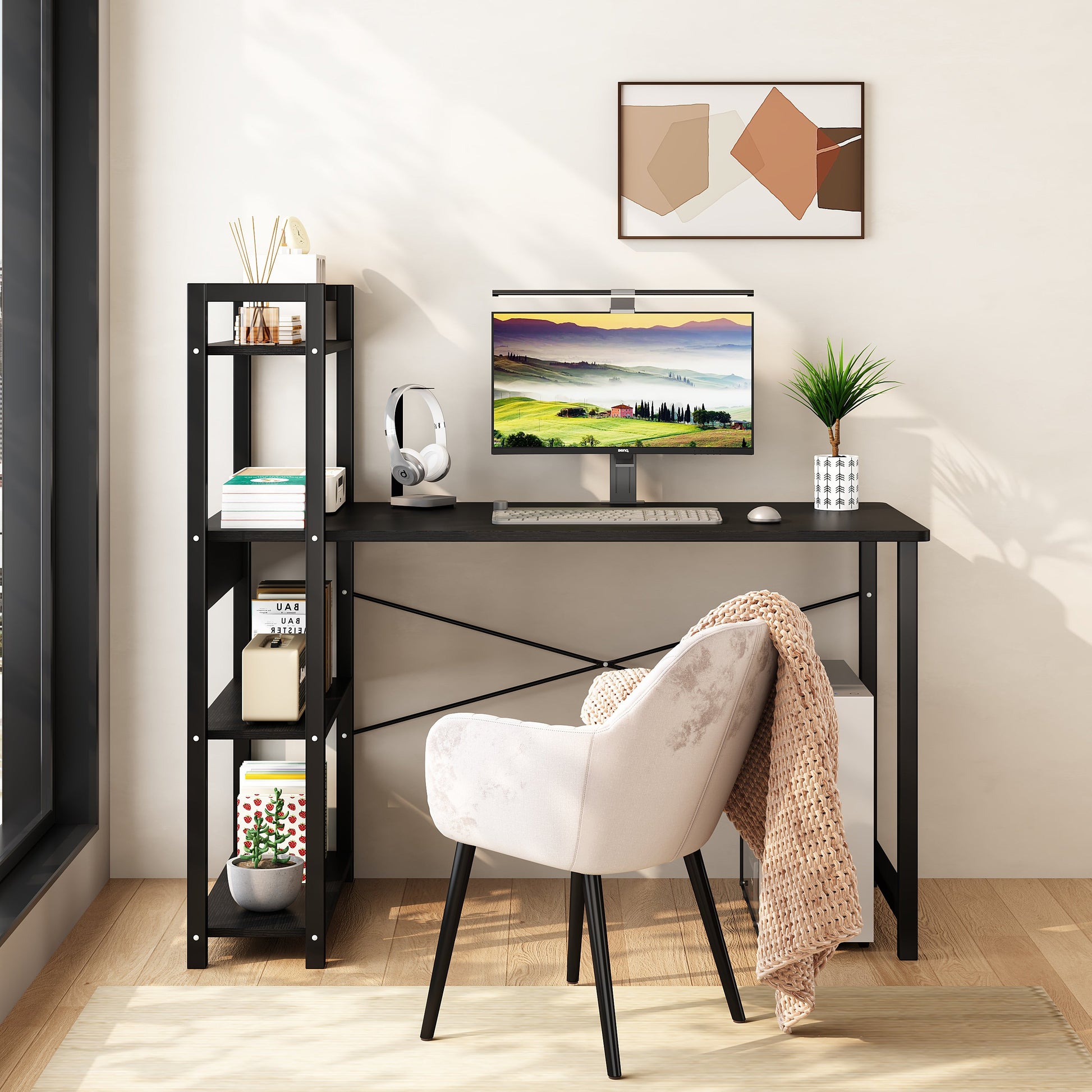 Bedroom desk, steel frame, computer desk, student desk, desk with 4 storage shelves, computer desk, metal and wood - Korvel