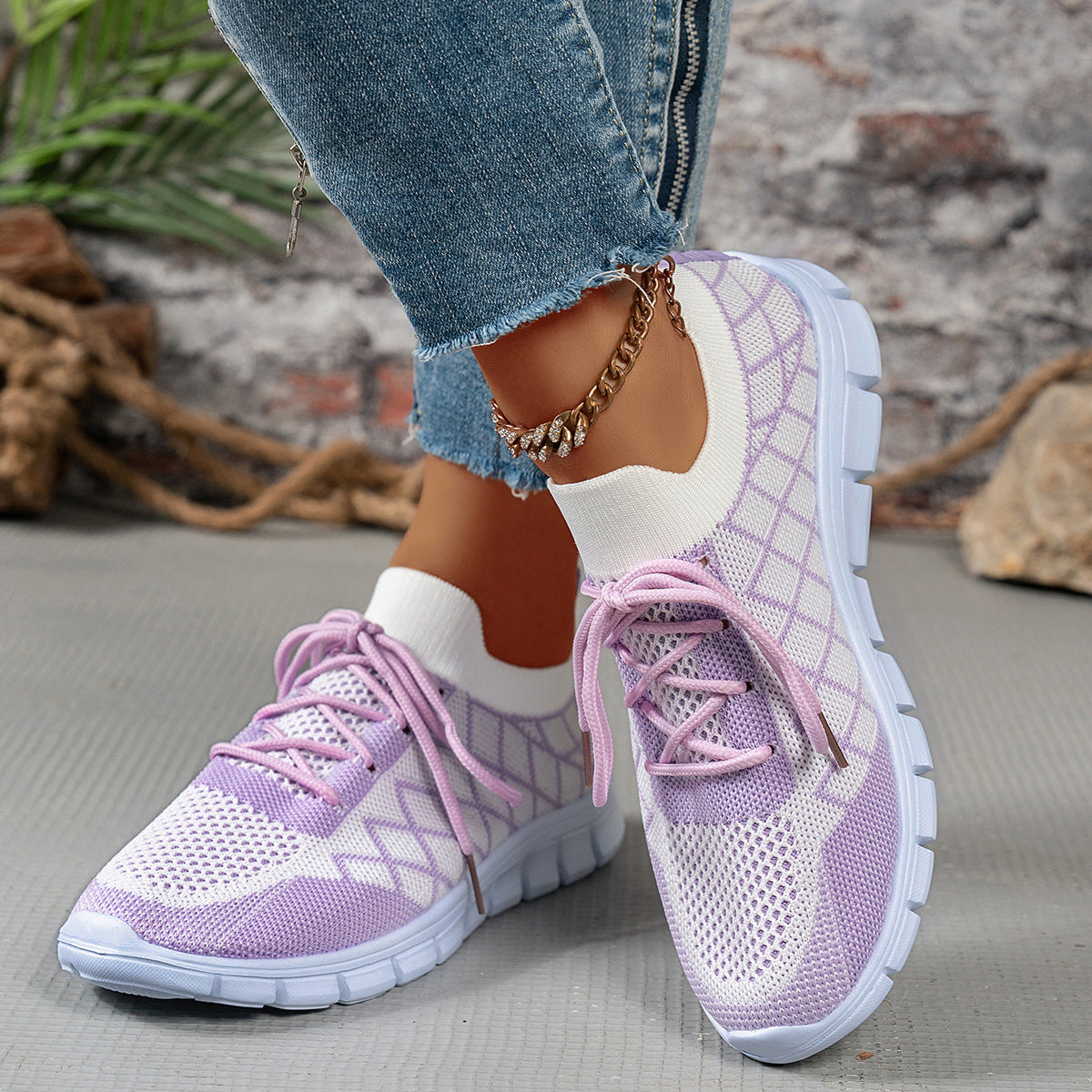 Baskets à lacets en Flyknit à carreaux colorblock pour femmes