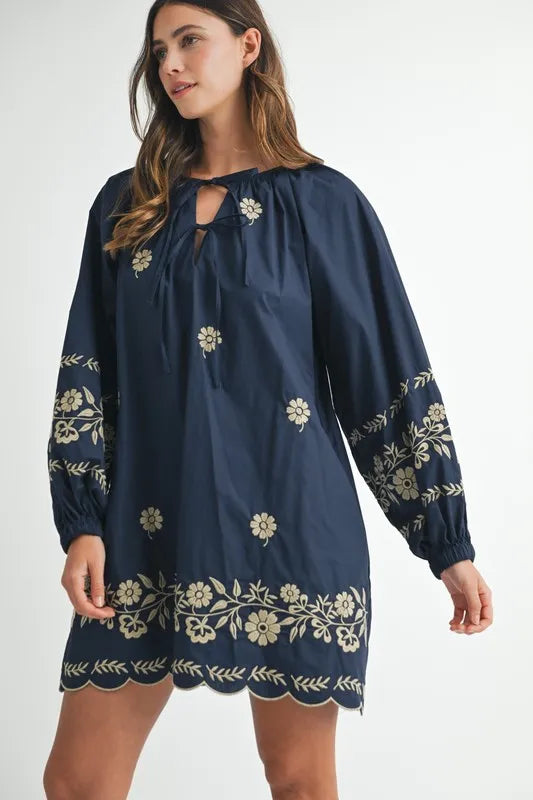 Embroidered Long Sleeve Peasant Mini Dress for Women