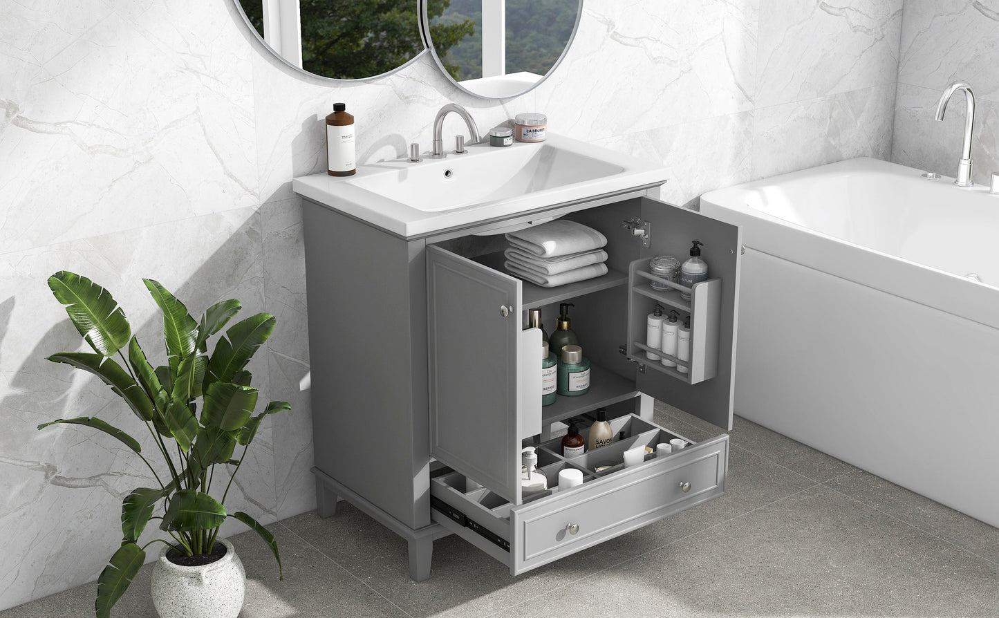 30inchgrey Bathroom Vanity with Sink ComboMulti-functional Bathroom Cabinet with Doors and Drawer Solid Frame and MDF Board - Korvel