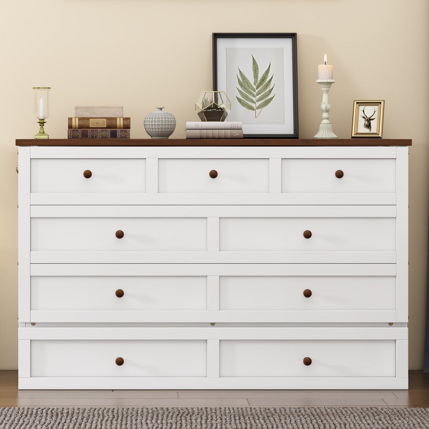 Solid Pine Murphy Bed Chest with Charging Station and Large Storage Drawer for Home Office or Small Room , Queen, White+Walnut - Korvel