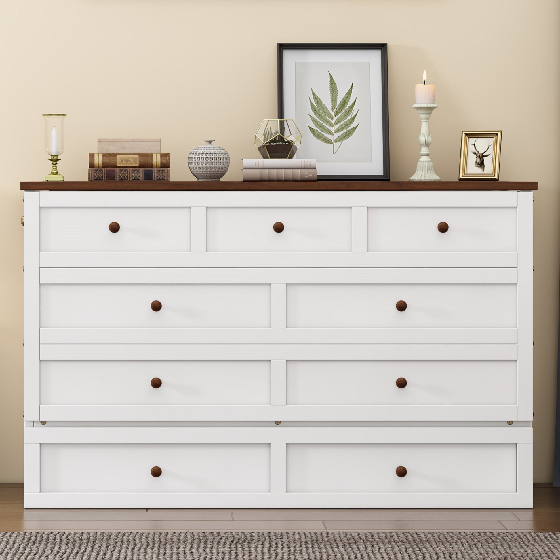 Solid Pine Murphy Bed Chest with Charging Station and Large Storage Drawer for Home Office or Small Room , Queen, White+Walnut - Korvel