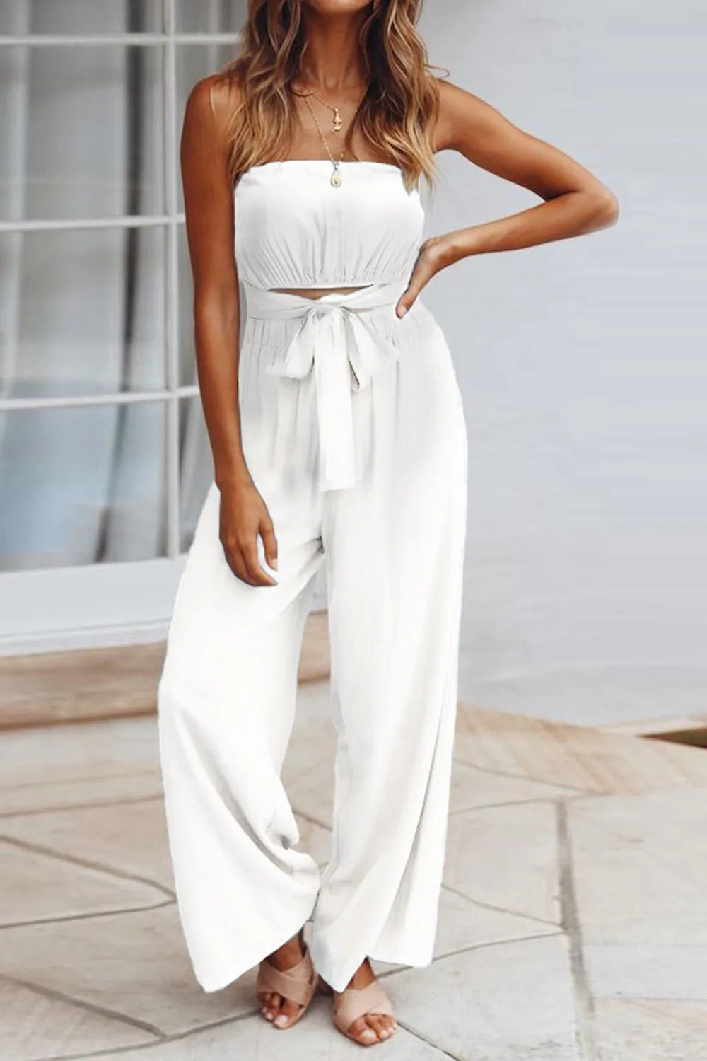 Tied Cutout Tube Wide Leg Jumpsuit - Korvel