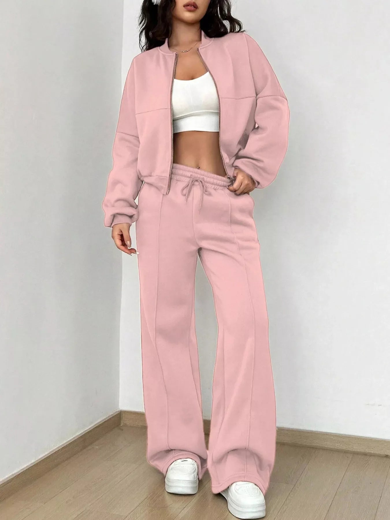 Ensemble de Veste Zippée en Couleur Unie et Pantalons à Jambes Larges