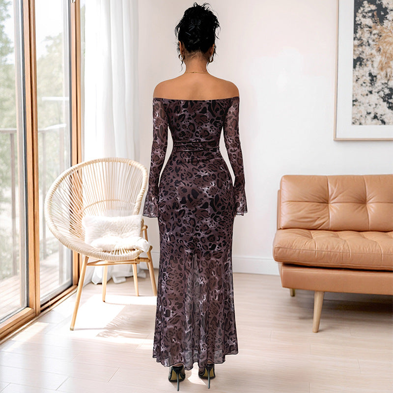 One-Shoulder Long Sleeve Mesh Leopard Print Dress for Women - Korvel