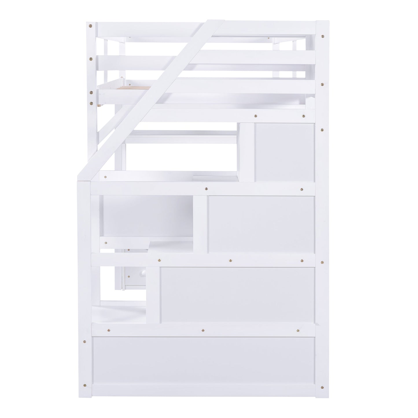Twin Size Loft Bed with Desk and Shelves  Two Built-in Drawers  Storage Staircase White - Korvel