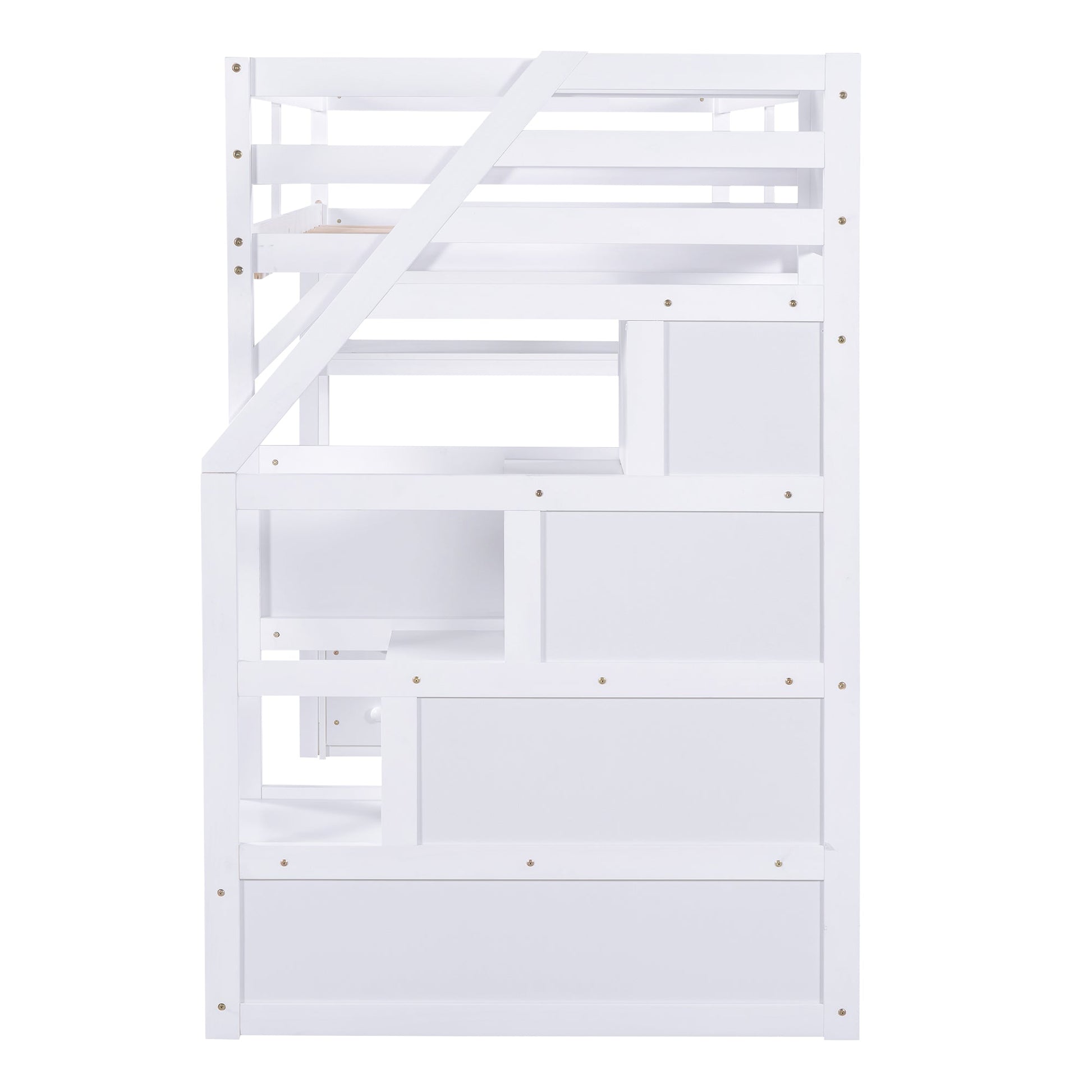 Twin Size Loft Bed with Desk and Shelves  Two Built-in Drawers  Storage Staircase White - Korvel