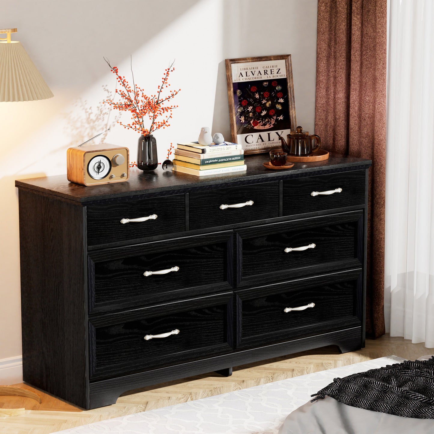 Modern 3 Drawer Bedroom Chest of Drawers with 7 Drawers Dresser, Clothes Organizer -Metal Pulls Black, 47.6″L x 15.7″W x 26.6″H - Korvel