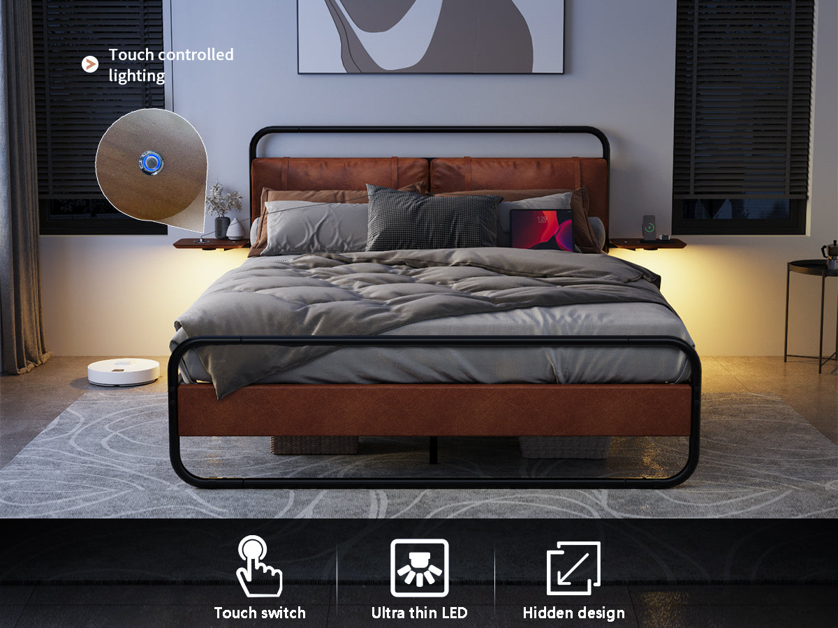 King Size Metal Bed Frame with Upholstered Headboard