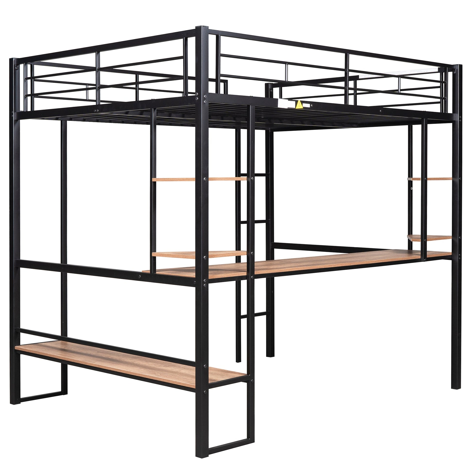 Full Size Loft Metal&MDF Bed with Long Desk and Shelves Black - Korvel