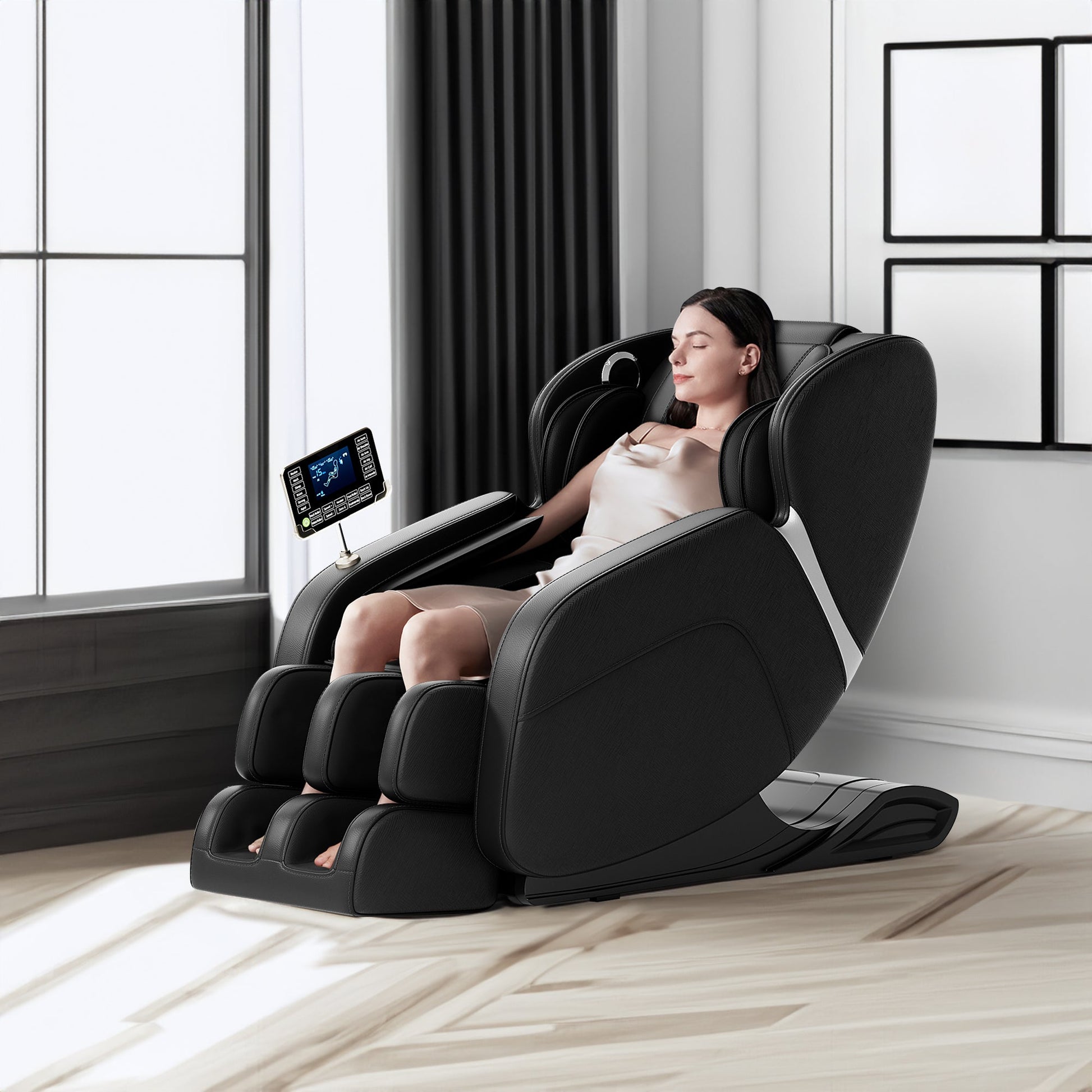 Full body deep tissue massage chair, foot massage, 8 fixed massage rollers, touch screen suitable for 5.1-5.75 feet high (black) - Korvel