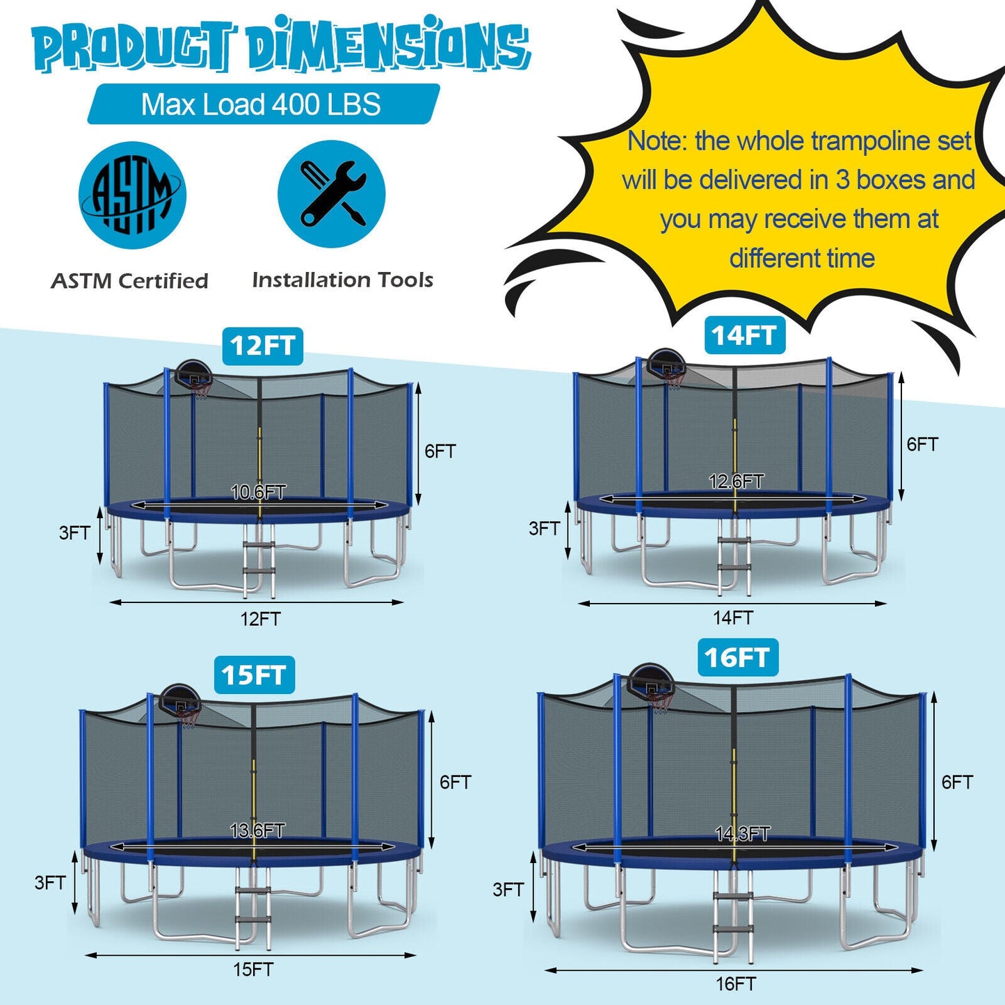 Premium Outdoor Trampoline with Enclosure Net - 12 to 16 Feet