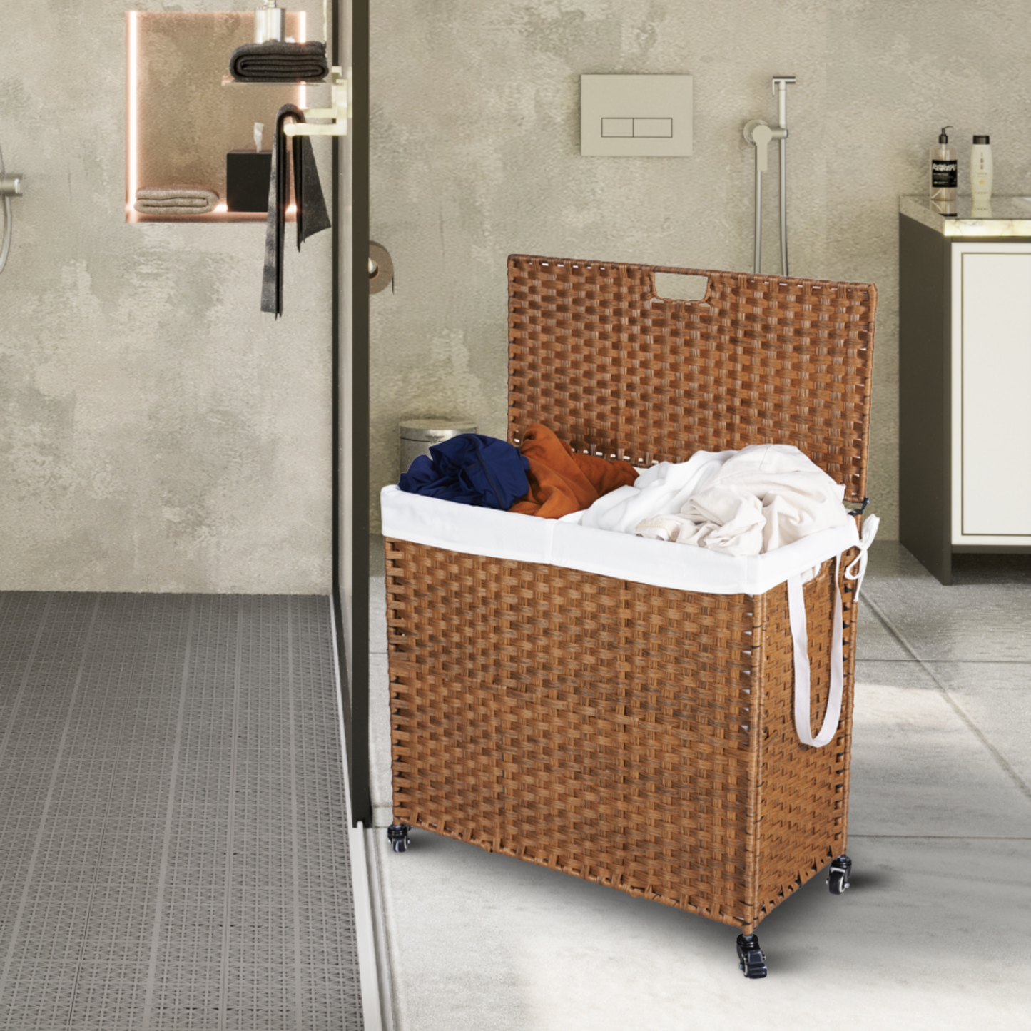 Laundry Hamper With Lid PE Rattan Powder Coating Frame Clothes Hampers with 02 Removable Bags, Wheels, 160L, Brown Color - Korvel
