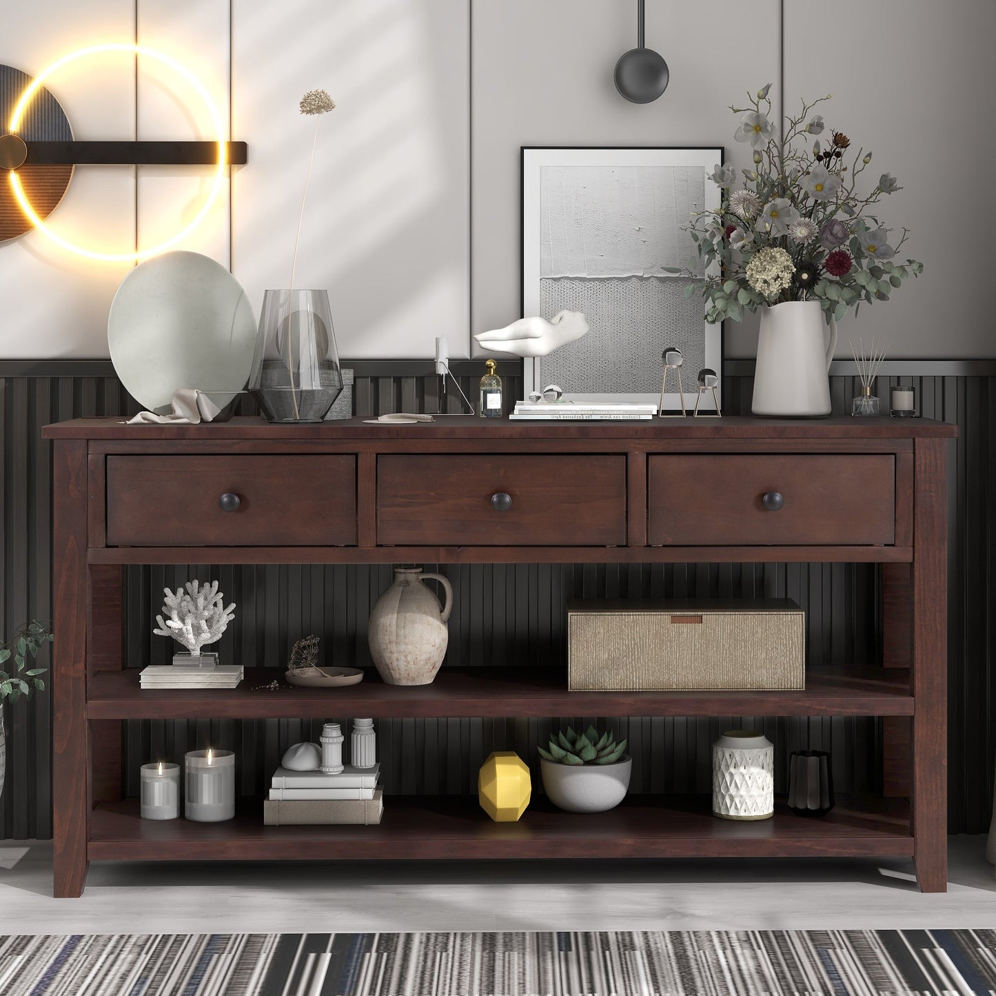 Retro Design Console Table with Two Open Shelves, Pine Solid Wood Frame and Legs for Living Room (Espresso) - Korvel