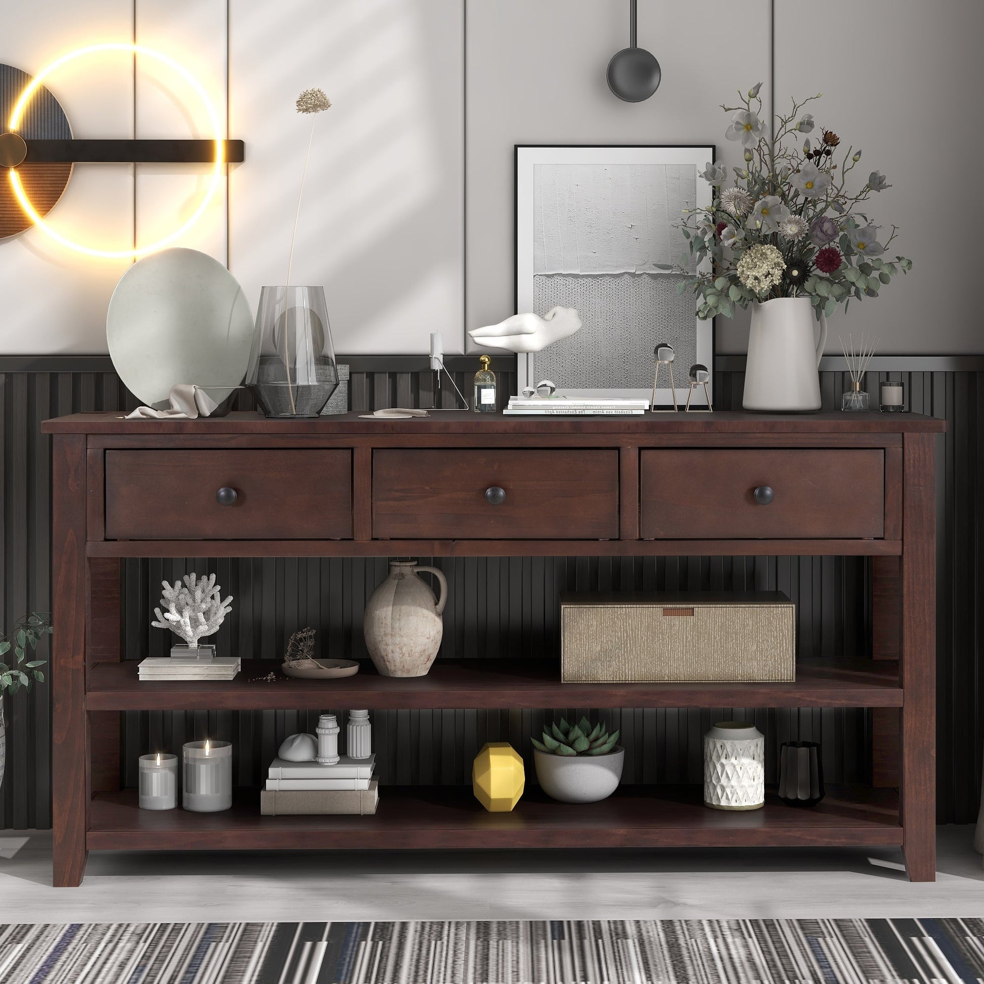 Retro Design Console Table with Two Open Shelves, Pine Solid Wood Frame and Legs for Living Room (Espresso) - Korvel