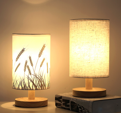 Linen Table Lamp LED Linen Night Lamp w/Warm White Light Linen Nightstand Lamp USB Powered Wooden Beside Lamp - Korvel