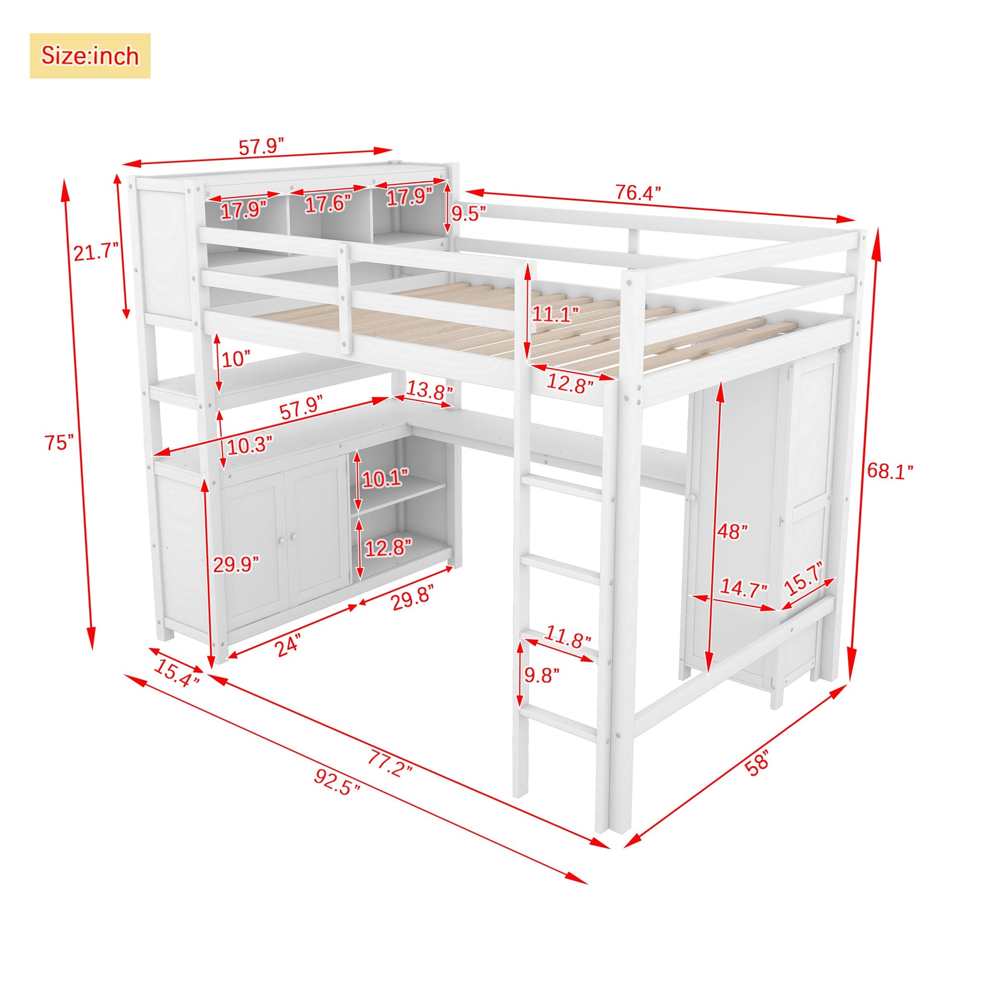 Wood Loft Bed with Cabinet and Bookshelf, Full Size Loft with Wardrobe and Desk for Kids,White - Korvel