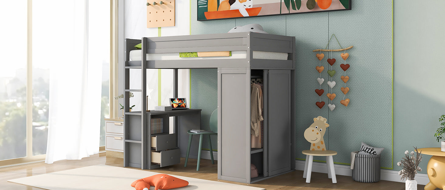 Wood Twin Size Loft Bed with Wardrobes and 2-Drawer Desk with Cabinet Gray - Korvel