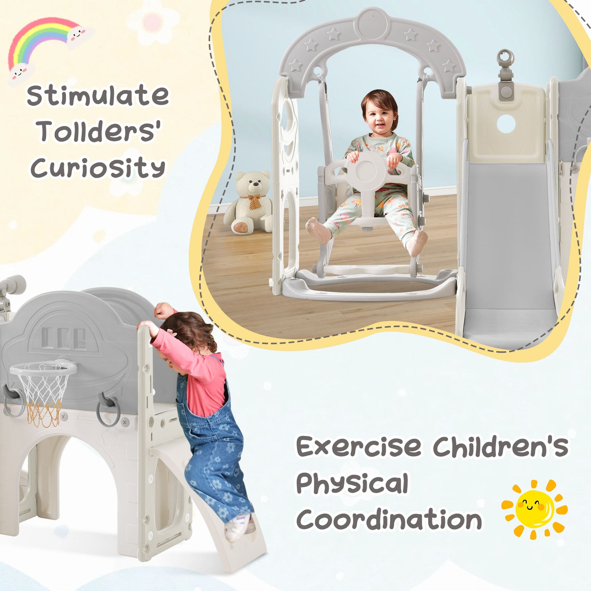 Toddler Slide and Swing Set 7 in 1, Kids Playground Climber Slide Playset with Basketball Hoop Freestanding  Combination - Korvel