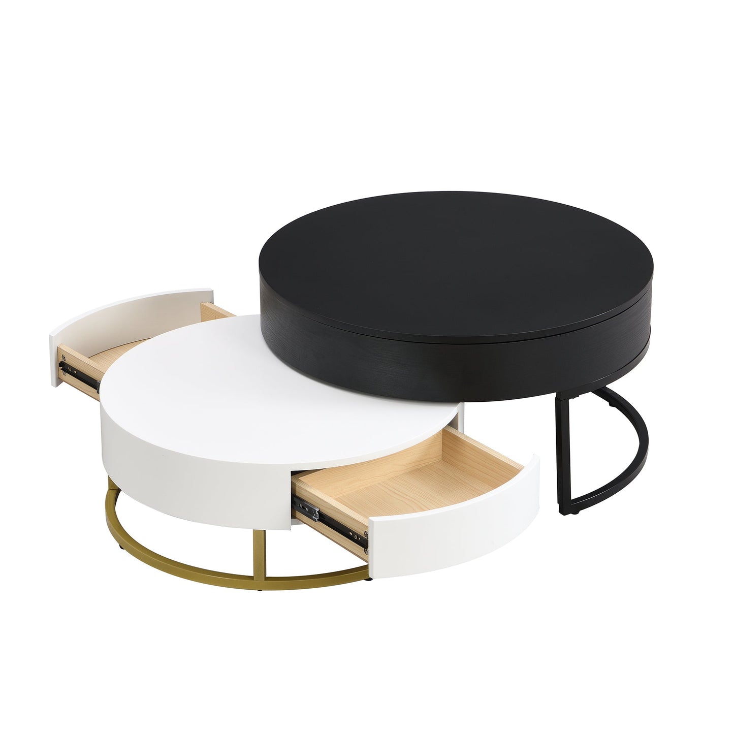 Tables basses empilables rondes modernes avec plateau relevable et tiroirs