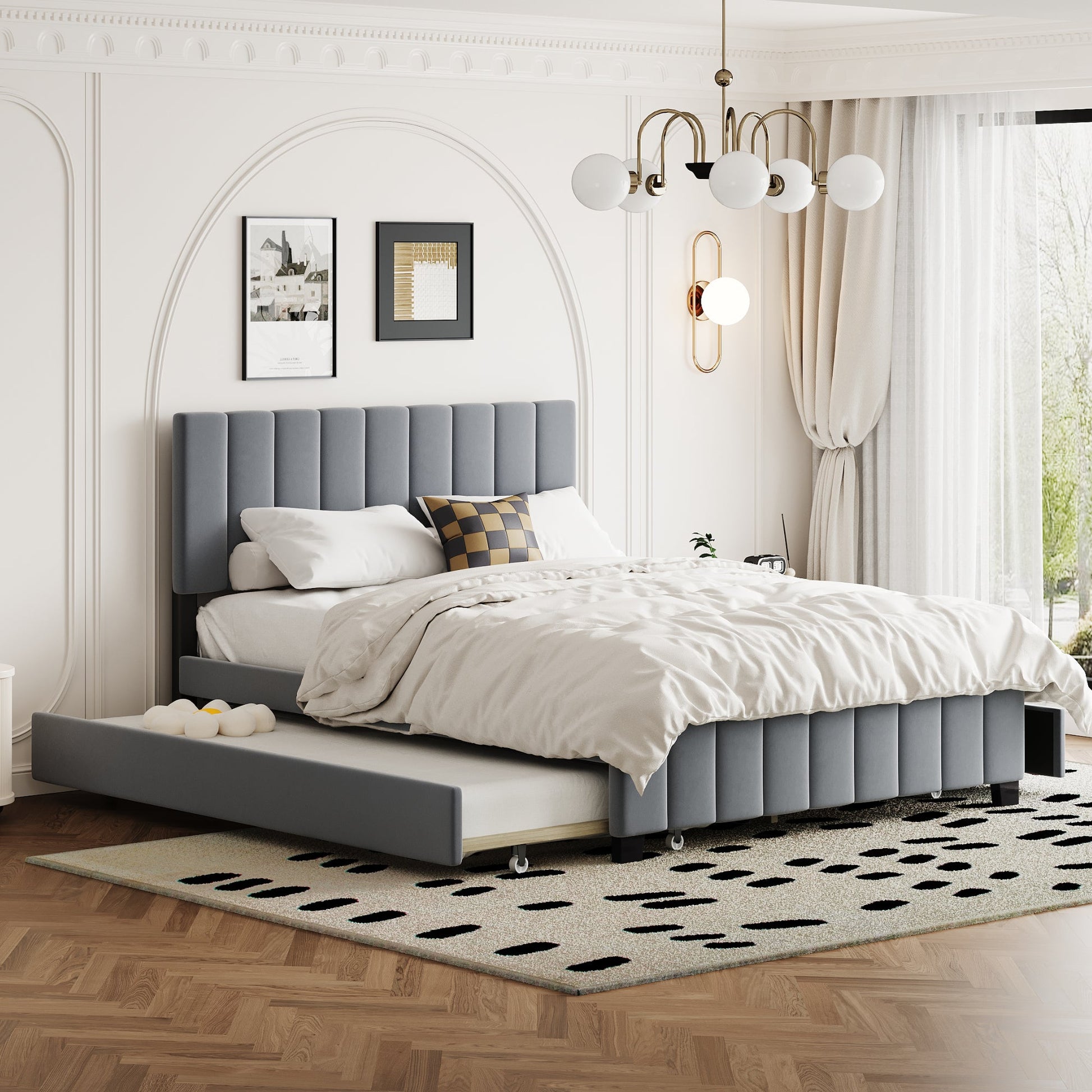 Queen Size Velvet Upholstered Platform Bed with 2 Drawers and 1 Twin XL Trundle- Gray - Korvel