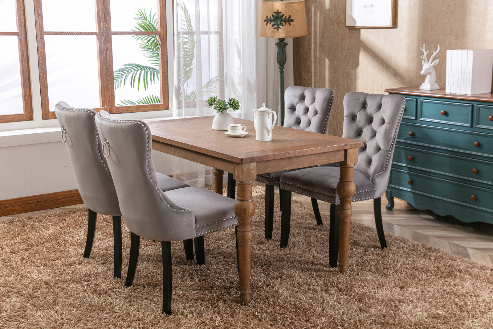 Modern high-end plush solid wood velvet cushioned dining chair with wooden leg nail head decoration, two piece set in gray - Korvel