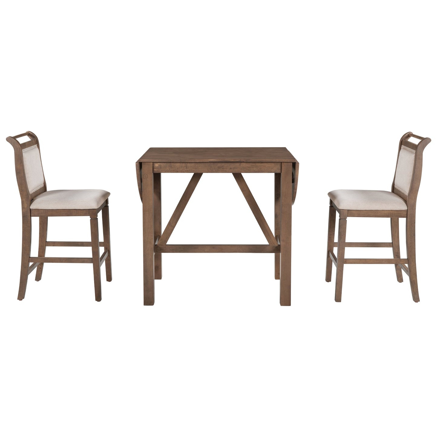 TOPMAX 3-Piece Wood Counter Height Drop Leaf Dining Table Set with 2 Upholstered Dining Chairs for Small Place, Brown - Korvel