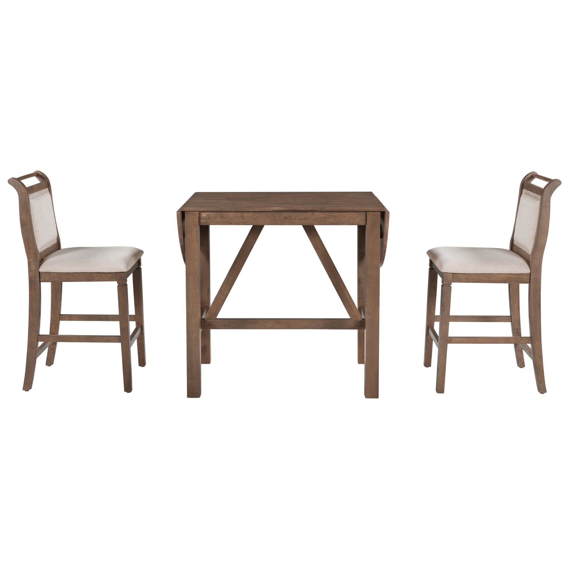 TOPMAX 3-Piece Wood Counter Height Drop Leaf Dining Table Set with 2 Upholstered Dining Chairs for Small Place, Brown - Korvel