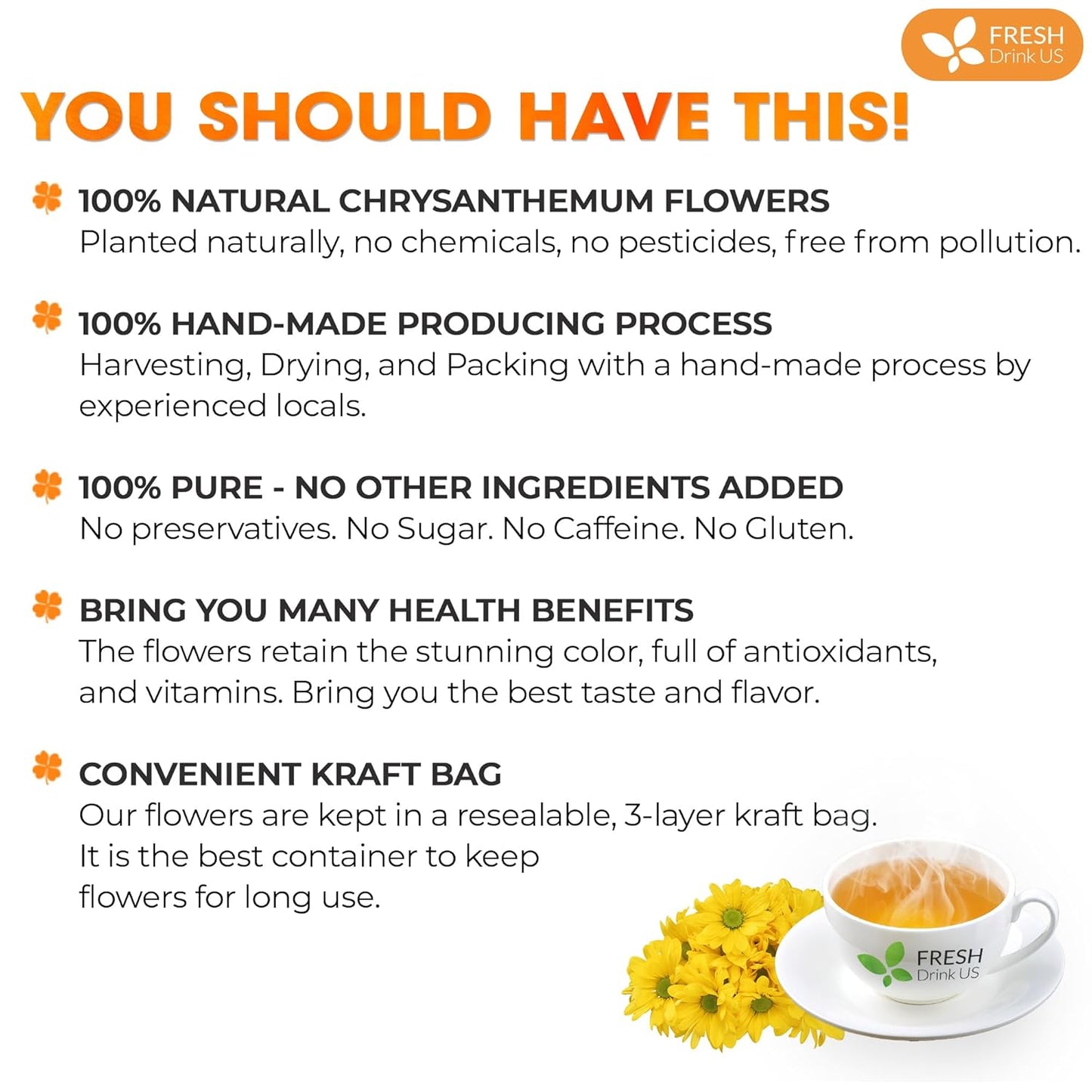 Premium Chrysanthemum Flowers, Chrysanthemum Herbal Tea, No Additives, No Caffeine, Vegan - Korvel