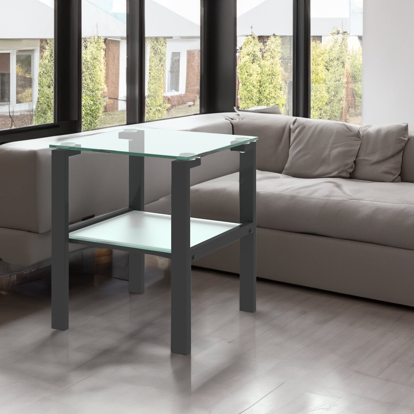 Glass two layer tea table, small round table, bedroom corner table, living room black side table - Korvel