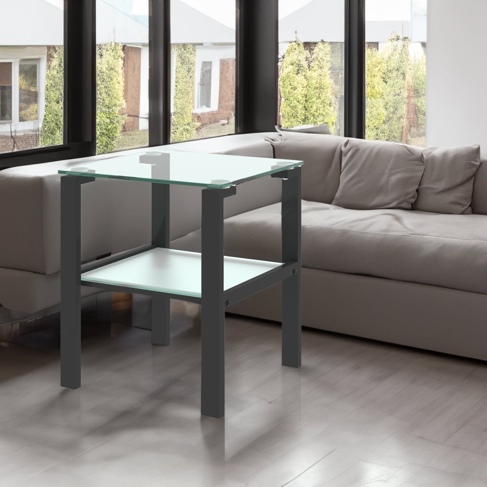 Glass two layer tea table, small round table, bedroom corner table, living room black side table - Korvel
