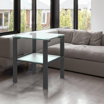 Glass two layer tea table, small round table, bedroom corner table, living room black side table - Korvel