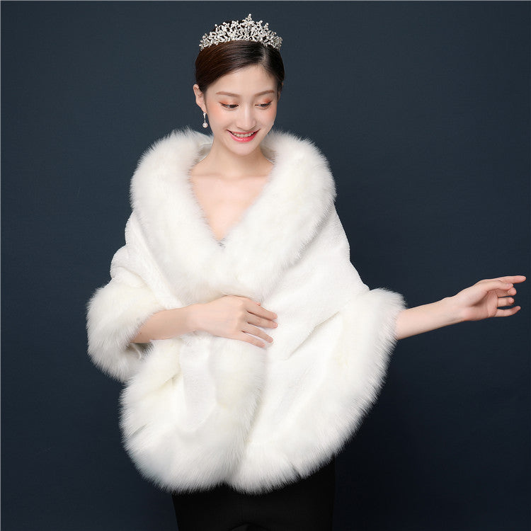 Bride's wedding dress fur shawl women's warm white cloak cheongsam jacket red cloak - Korvel